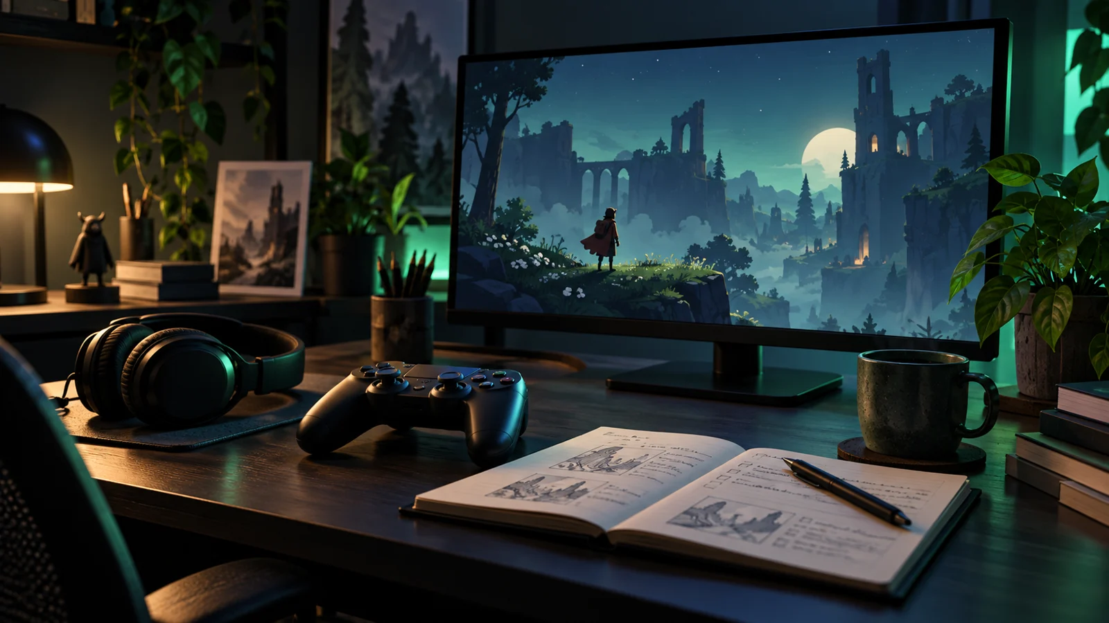 Gaming desk with a monitor, keyboard, and headphones